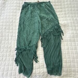 URU Kristine St Rrik Pants Womens One Size Green Silk Crinkle Fringed Artsy Boho